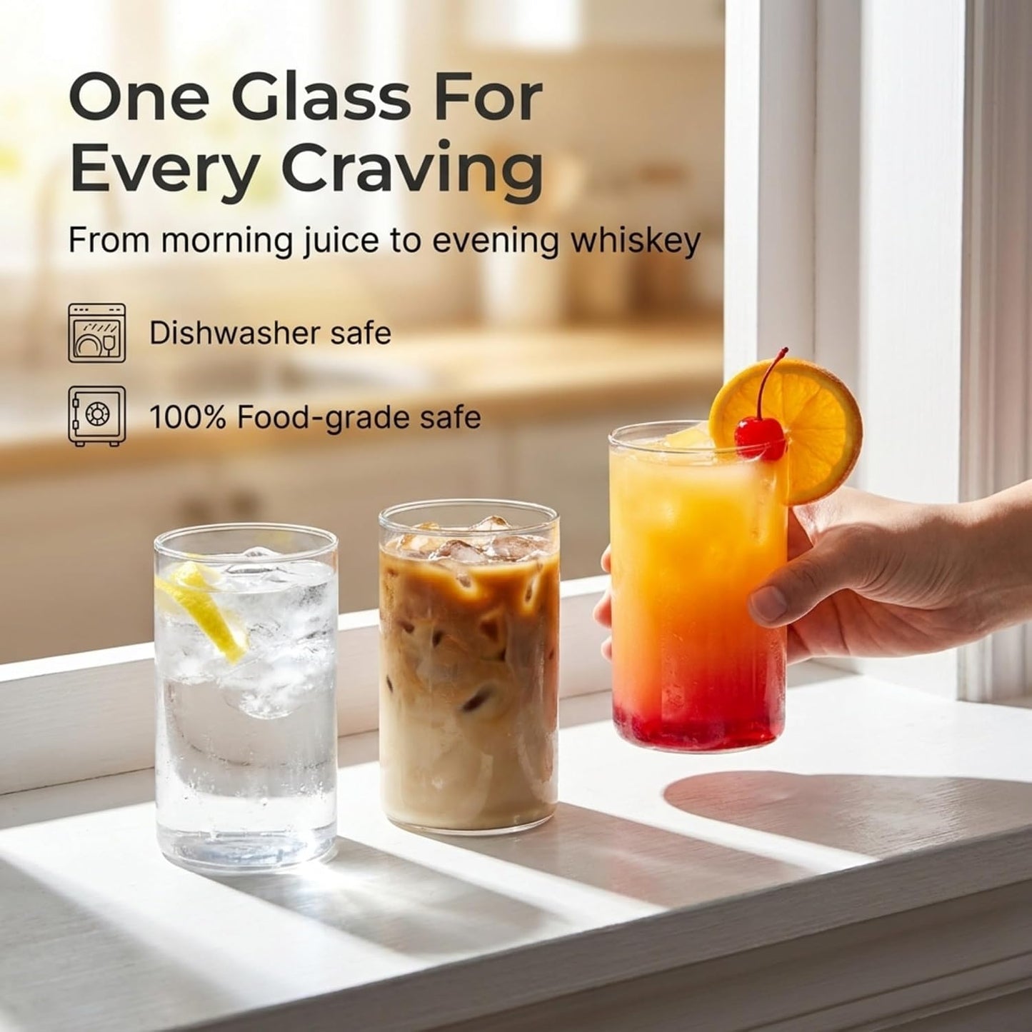 Boron Borosilicate Glass Tumblers Set of 6, 280 ml Clear Drinking Glasses, Heat Resistant Lightweight Water Juice Whiskey Cocktail Glass Set, Durable Odorless Glassware for Home & Parties