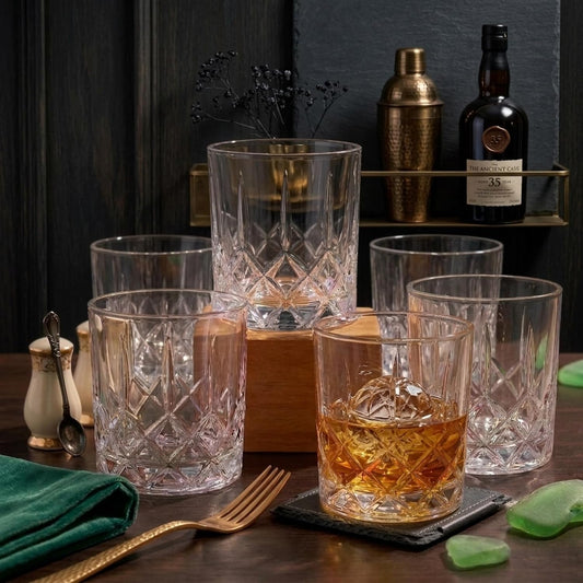 Whiskey Glasses Set of 6 (288 ML) Diamond Cut Crystal Clear Old Fashioned Glasses for Scotch, Bourbon, Whisky, Cocktails & Liquor | Heavy Base Durable Bar Glassware, Dishwasher Safe