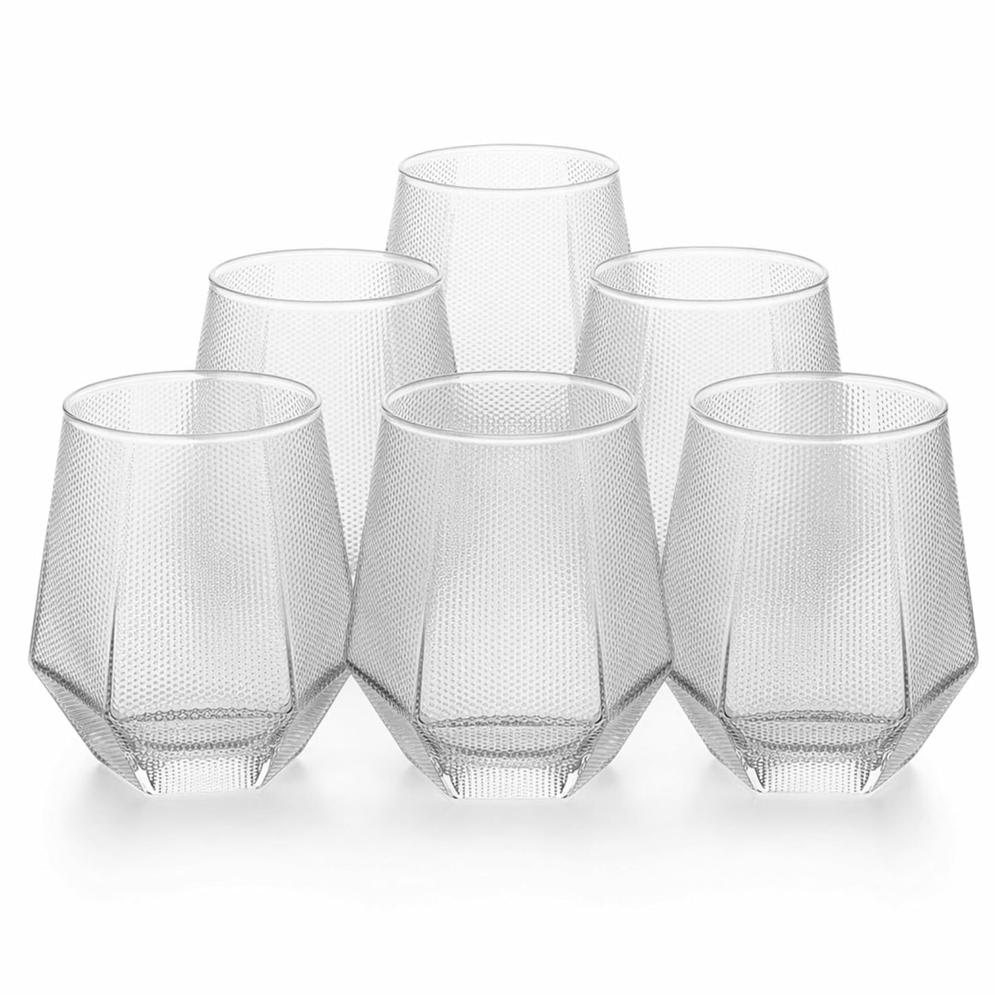 We5 Diamond Cut Borosilicate Glass Tumblers Set of 6 (330 ml Each) – Textured Drinking Glasses for Water, Juice, Whiskey & Cocktails | Heat Resistant, Durable, Clear Diamond Design Modern Glassware