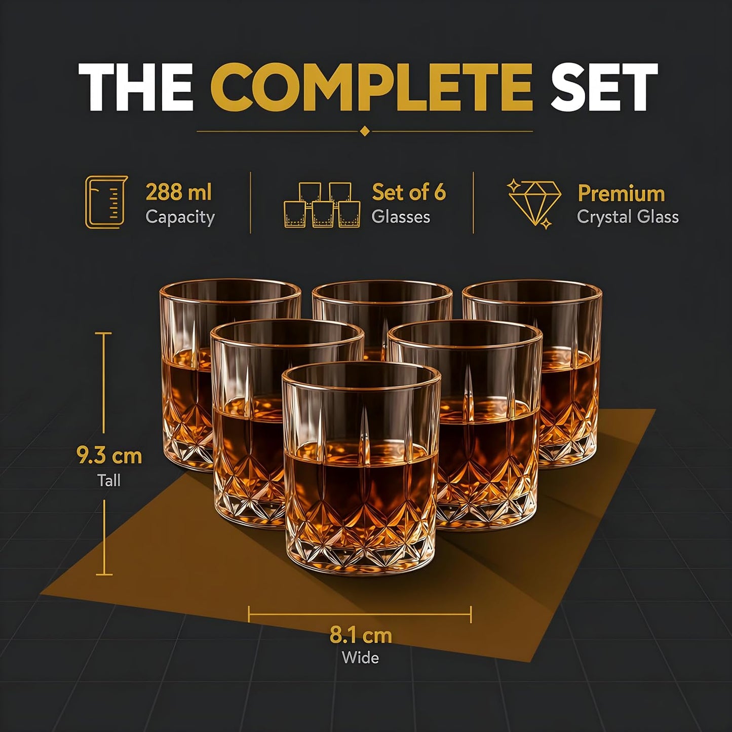 Whiskey Glasses Set of 6 (288 ML) Diamond Cut Crystal Clear Old Fashioned Glasses for Scotch, Bourbon, Whisky, Cocktails & Liquor | Heavy Base Durable Bar Glassware, Dishwasher Safe