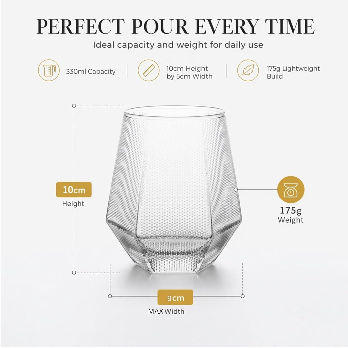 We5 Diamond Cut Borosilicate Glass Tumblers Set of 6 (330 ml Each) – Textured Drinking Glasses for Water, Juice, Whiskey & Cocktails | Heat Resistant, Durable, Clear Diamond Design Modern Glassware