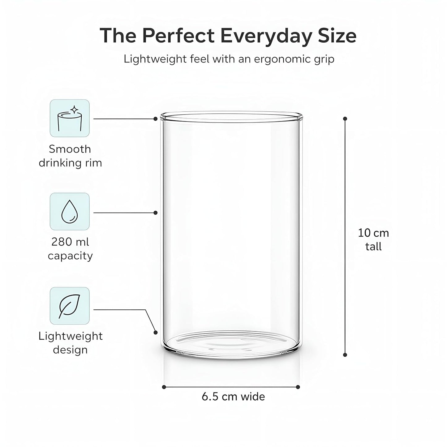 Boron Borosilicate Glass Tumblers Set of 6, 280 ml Clear Drinking Glasses, Heat Resistant Lightweight Water Juice Whiskey Cocktail Glass Set, Durable Odorless Glassware for Home & Parties