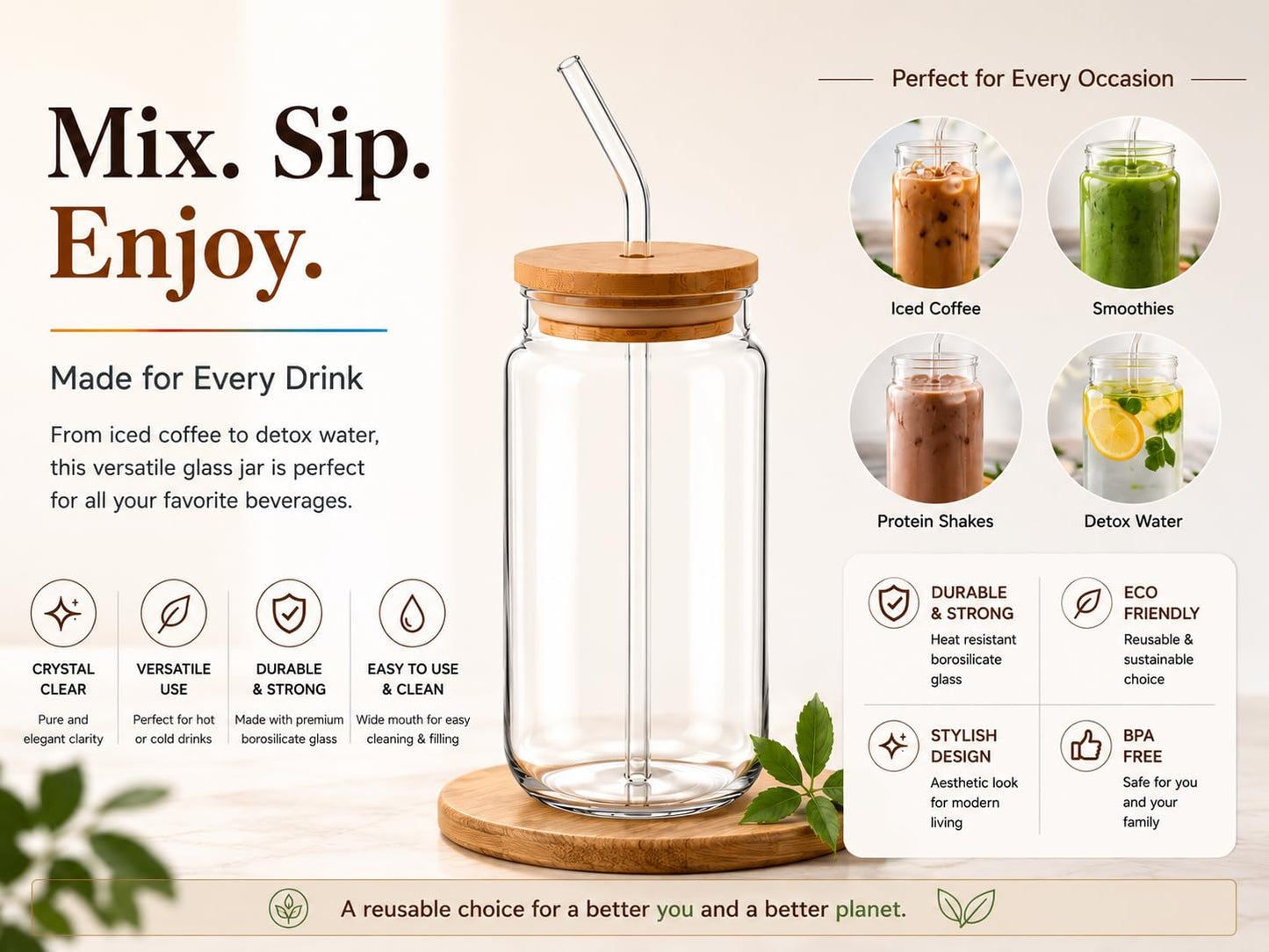Glass Jar with Straw & Wooden Lid, 540ml Iced Coffee Glass Can, Aesthetic Sipper Cup for Juice, Smoothie, Milk, Leakproof, Heat Resistant Reusable Drinking Glass