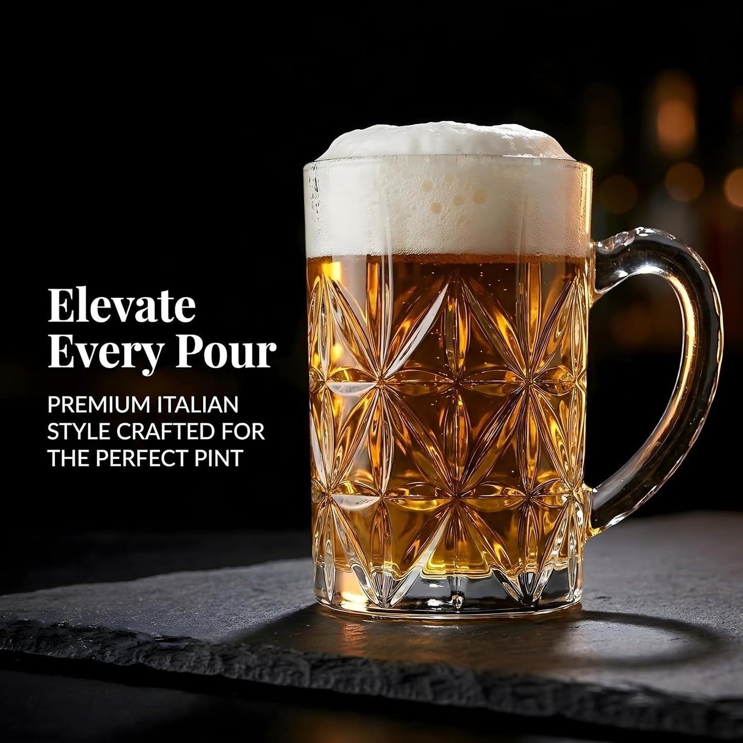 Premium Glass Beer Mug Set of 2 (420ml) | Heavy Thick Crystal Clear Beer Stein with Handle | Durable Italian Style Pint Glass for Beer, Coffee, Juice & Drinks | Bar, Party & Gifting