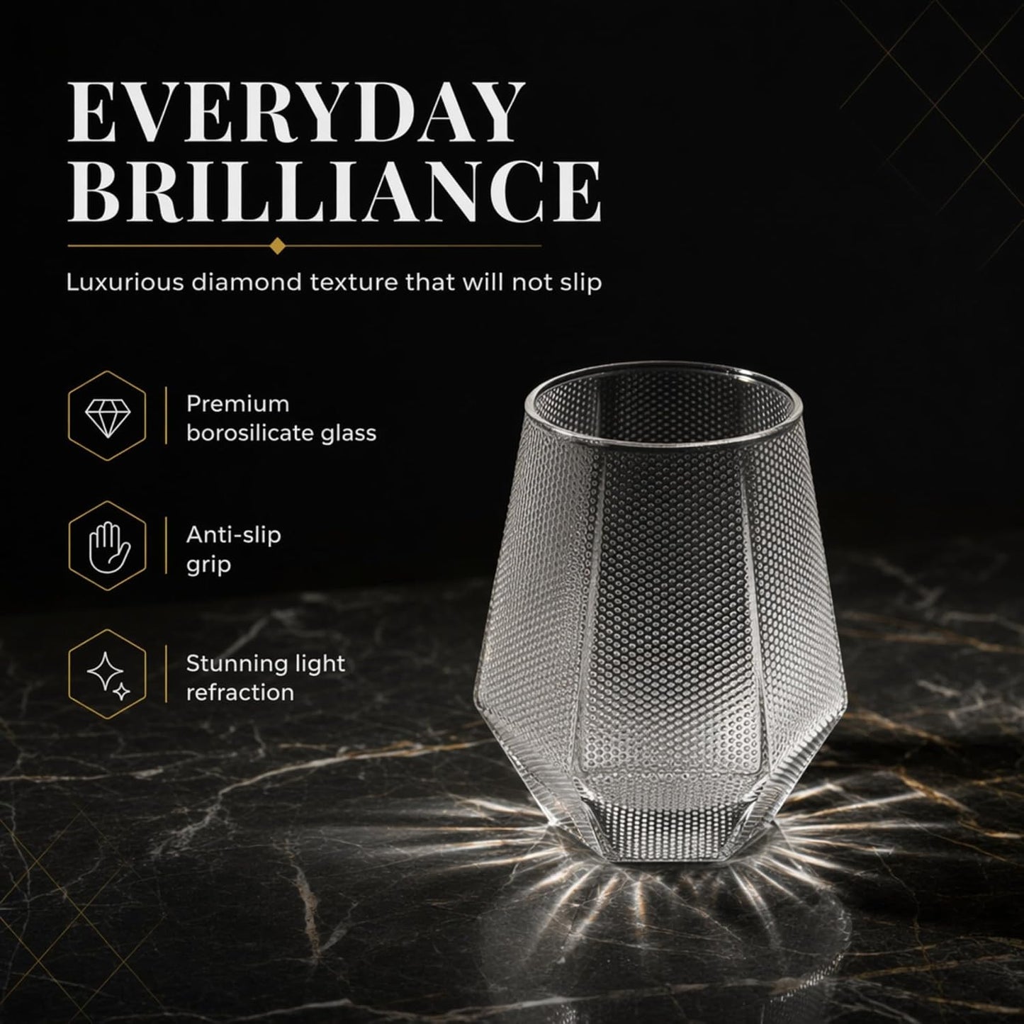 We5 Diamond Cut Borosilicate Glass Tumblers Set of 6 (330 ml Each) – Textured Drinking Glasses for Water, Juice, Whiskey & Cocktails | Heat Resistant, Durable, Clear Diamond Design Modern Glassware