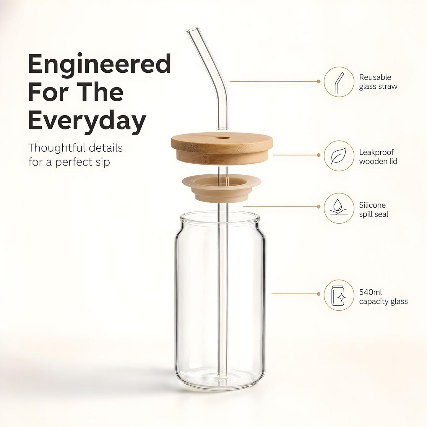 Glass Jar with Straw & Wooden Lid, 540ml Iced Coffee Glass Can, Aesthetic Sipper Cup for Juice, Smoothie, Milk, Leakproof, Heat Resistant Reusable Drinking Glass