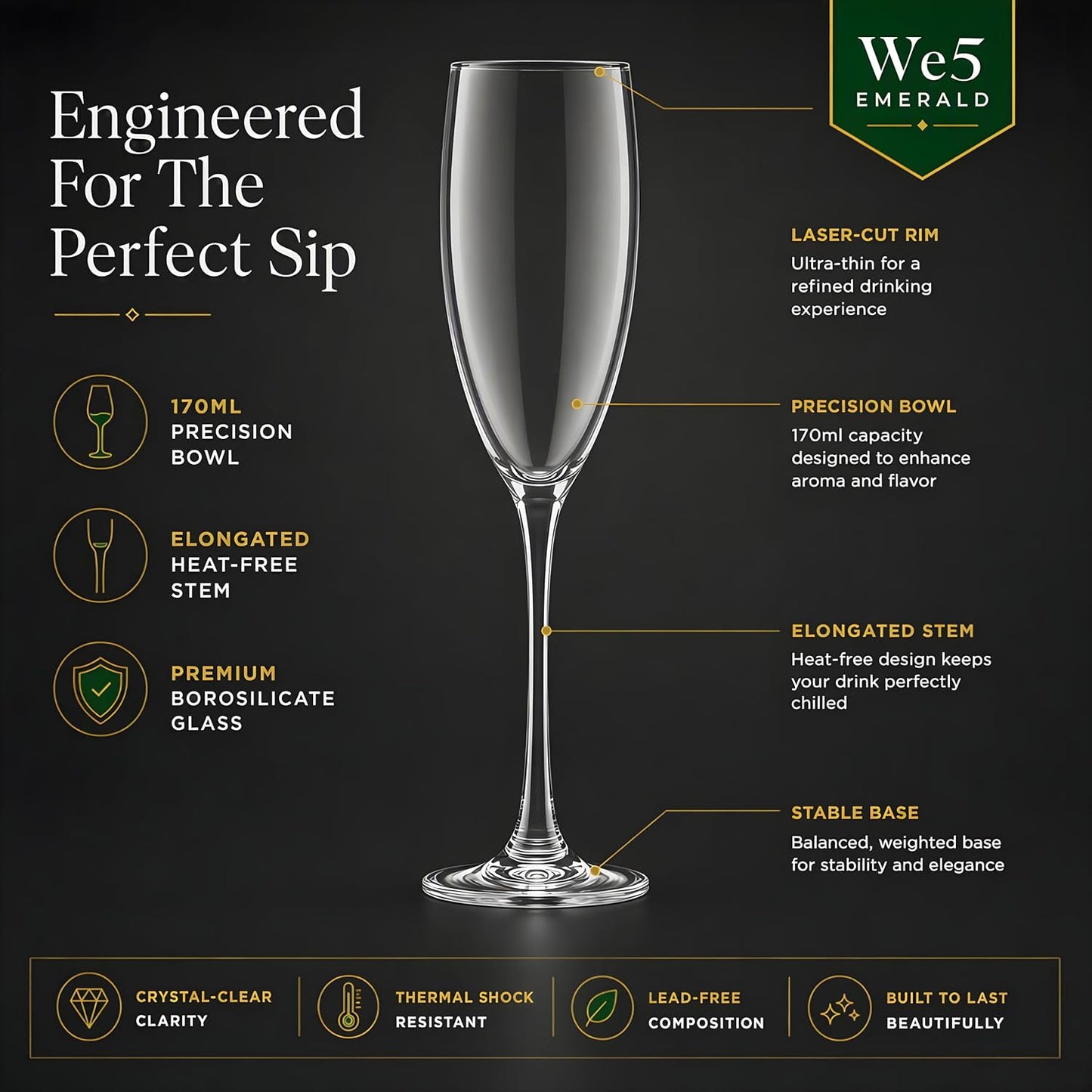 Italian Premium Champagne Flutes Set of 6 (170 ML) – Crystal Clear Elegant Long Stem Sparkling Wine Glasses for Champagne, Prosecco, Cocktails | Durable, Dishwasher Safe Luxury Drinkware