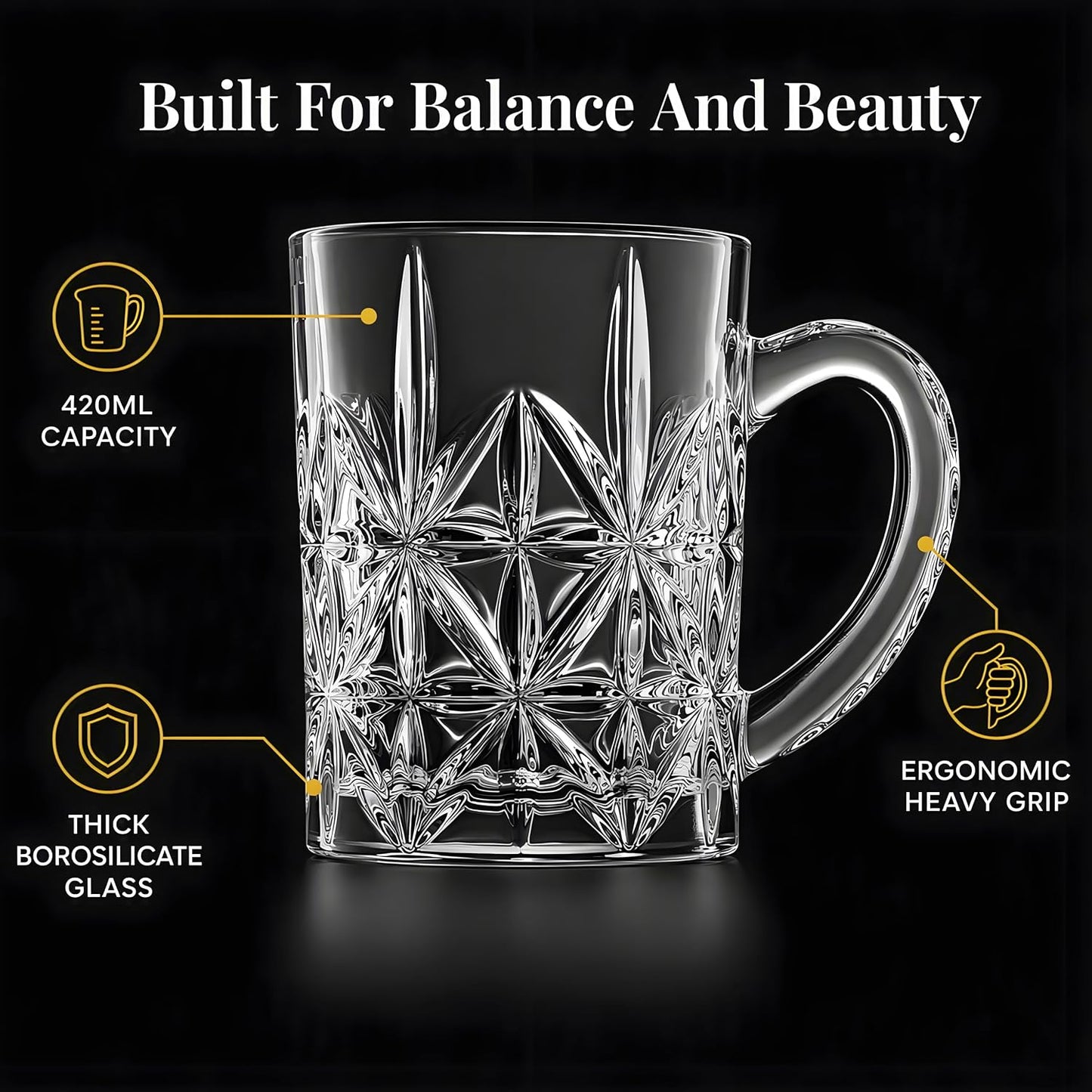 Premium Glass Beer Mug Set of 2 (420ml) | Heavy Thick Crystal Clear Beer Stein with Handle | Durable Italian Style Pint Glass for Beer, Coffee, Juice & Drinks | Bar, Party & Gifting