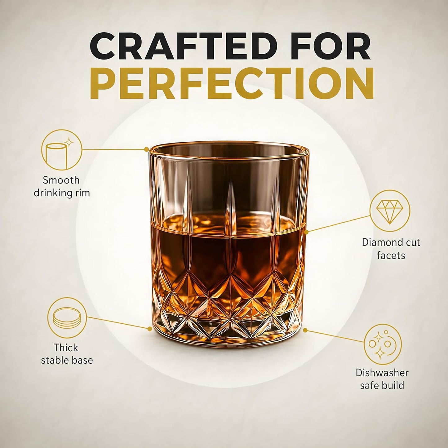 Whiskey Glasses Set of 6 (288 ML) Diamond Cut Crystal Clear Old Fashioned Glasses for Scotch, Bourbon, Whisky, Cocktails & Liquor | Heavy Base Durable Bar Glassware, Dishwasher Safe