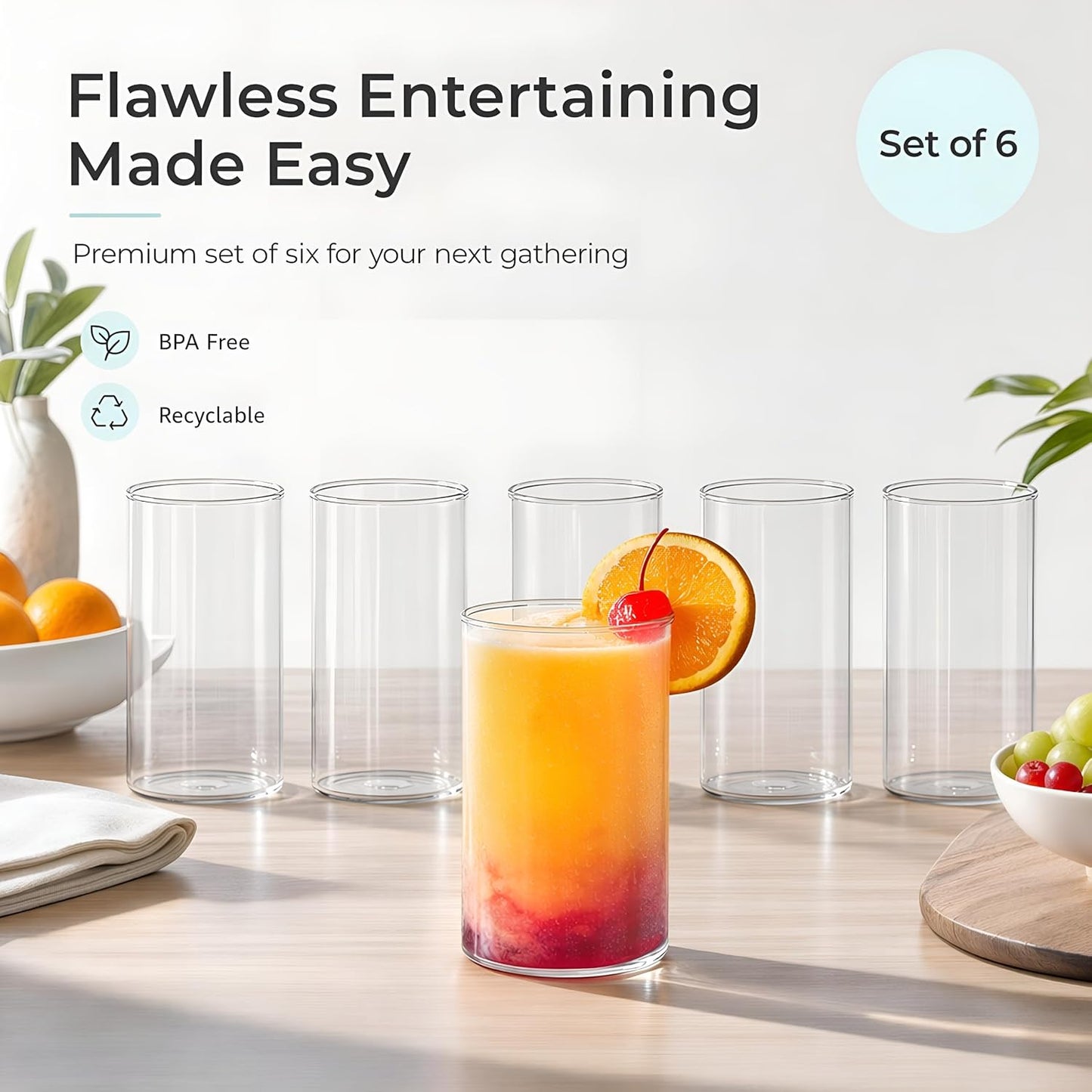 Boron Borosilicate Glass Tumblers Set of 6, 280 ml Clear Drinking Glasses, Heat Resistant Lightweight Water Juice Whiskey Cocktail Glass Set, Durable Odorless Glassware for Home & Parties