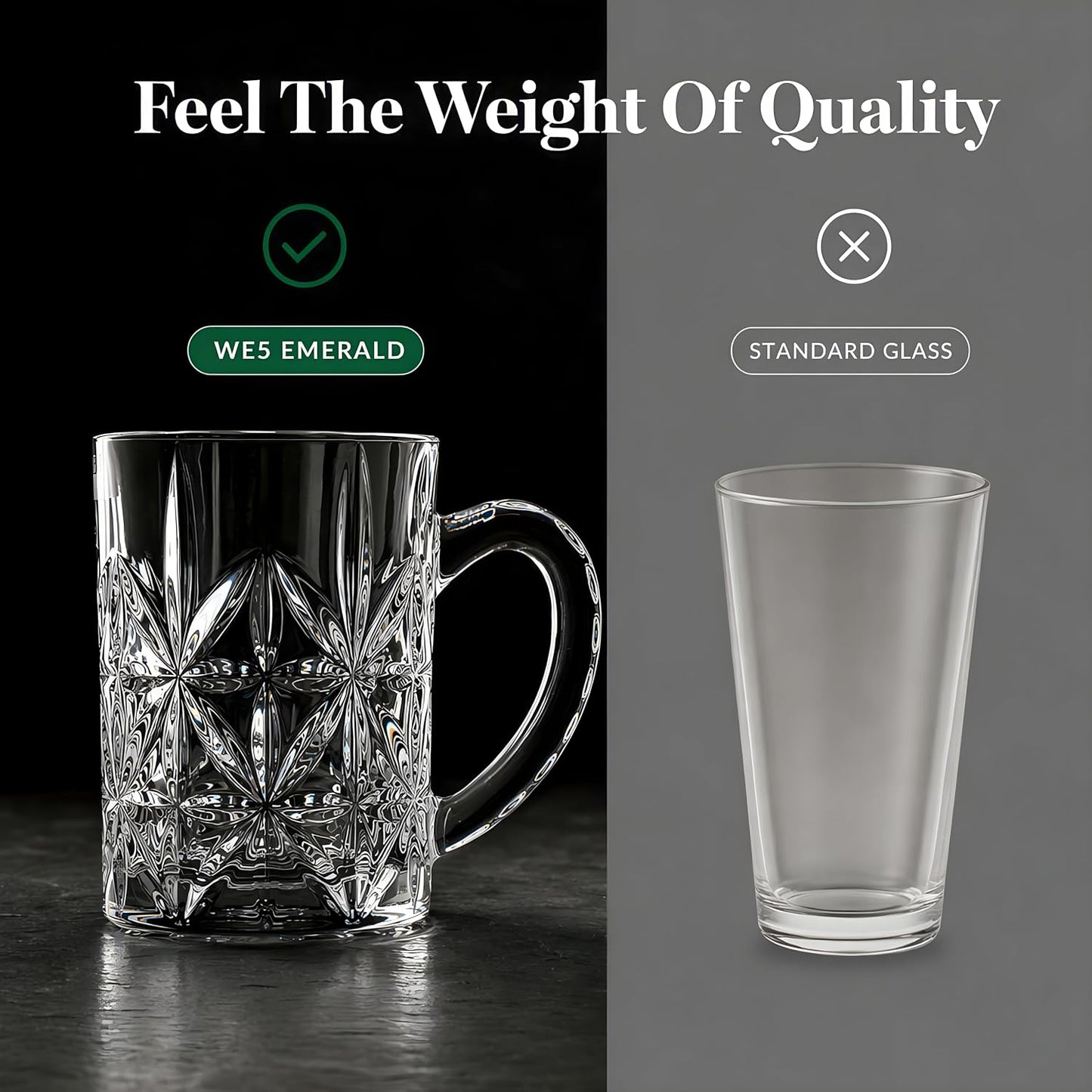 Premium Glass Beer Mug Set of 2 (420ml) | Heavy Thick Crystal Clear Beer Stein with Handle | Durable Italian Style Pint Glass for Beer, Coffee, Juice & Drinks | Bar, Party & Gifting
