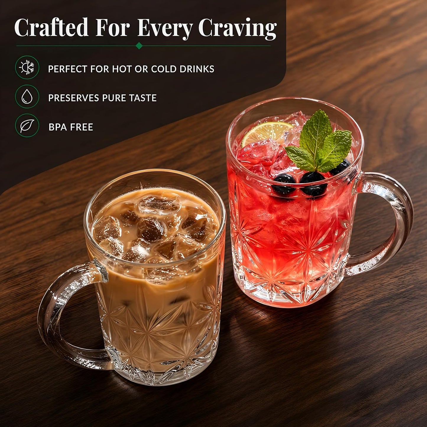 Premium Glass Beer Mug Set of 2 (420ml) | Heavy Thick Crystal Clear Beer Stein with Handle | Durable Italian Style Pint Glass for Beer, Coffee, Juice & Drinks | Bar, Party & Gifting