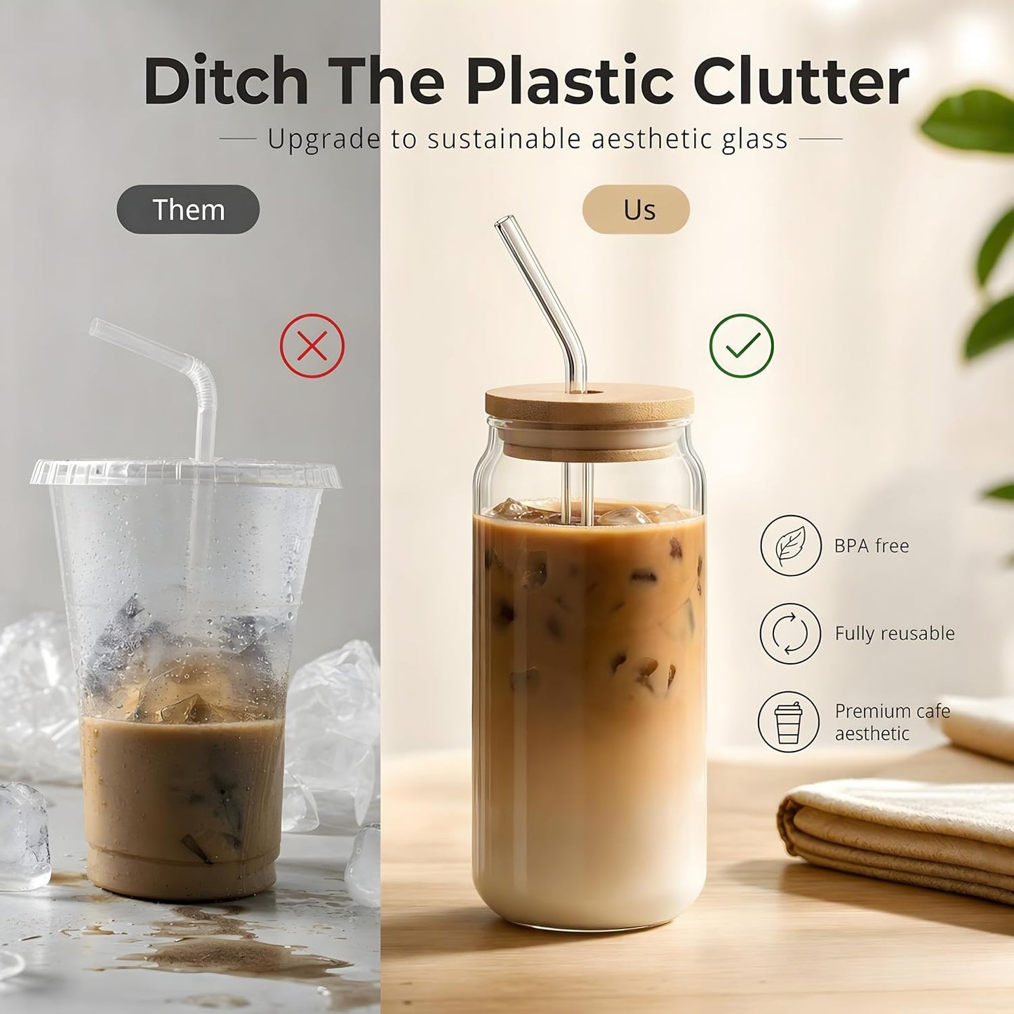Glass Jar with Straw & Wooden Lid, 540ml Iced Coffee Glass Can, Aesthetic Sipper Cup for Juice, Smoothie, Milk, Leakproof, Heat Resistant Reusable Drinking Glass