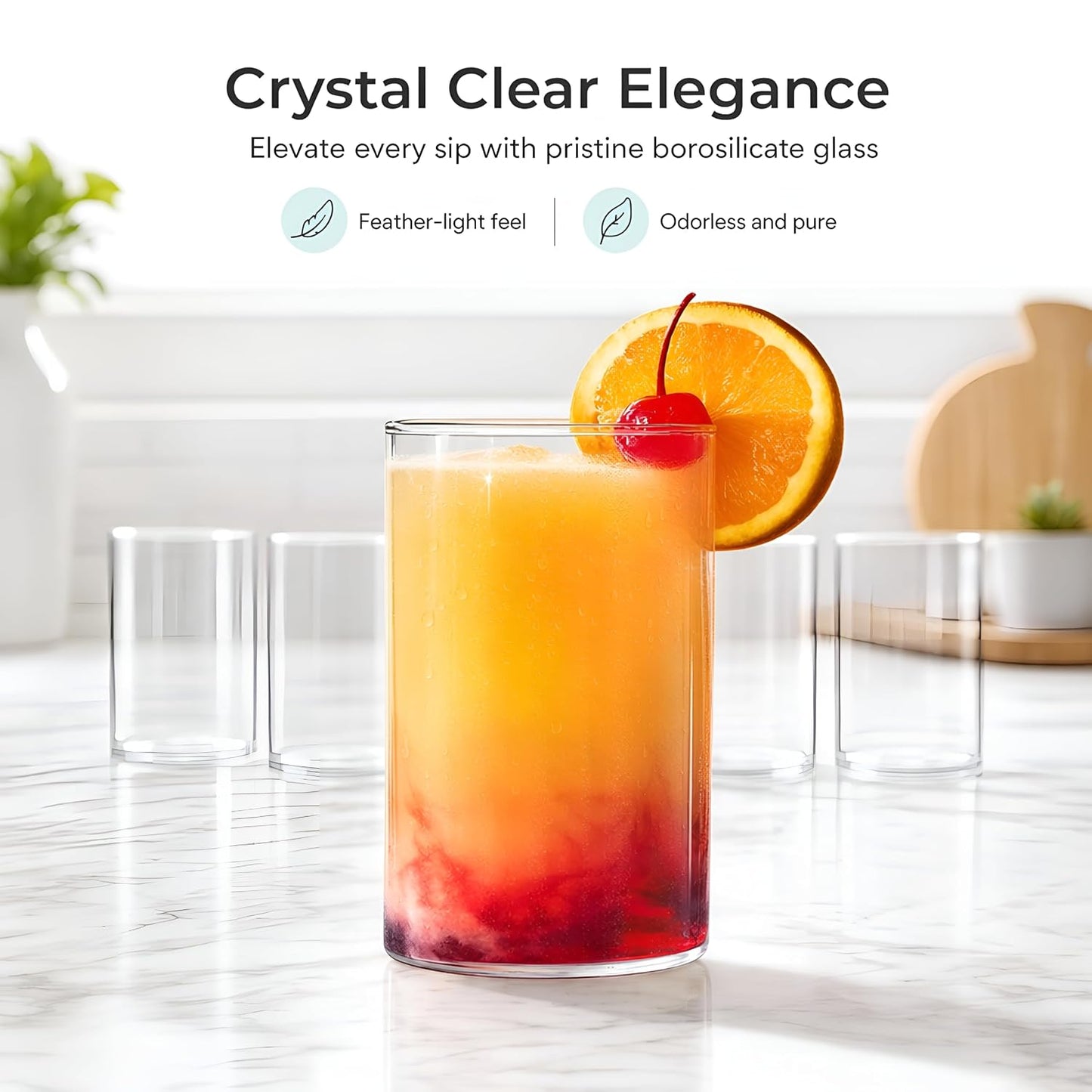 Boron Borosilicate Glass Tumblers Set of 6, 280 ml Clear Drinking Glasses, Heat Resistant Lightweight Water Juice Whiskey Cocktail Glass Set, Durable Odorless Glassware for Home & Parties