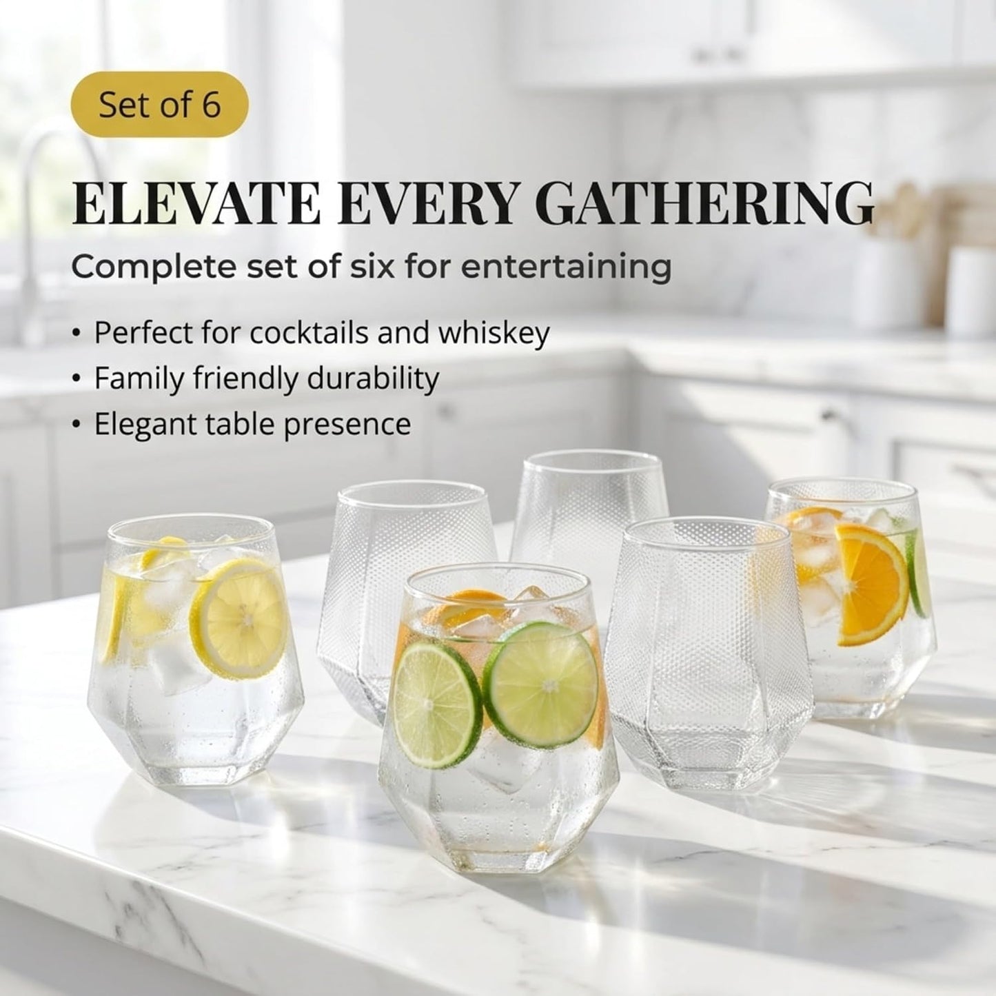 We5 Diamond Cut Borosilicate Glass Tumblers Set of 6 (330 ml Each) – Textured Drinking Glasses for Water, Juice, Whiskey & Cocktails | Heat Resistant, Durable, Clear Diamond Design Modern Glassware