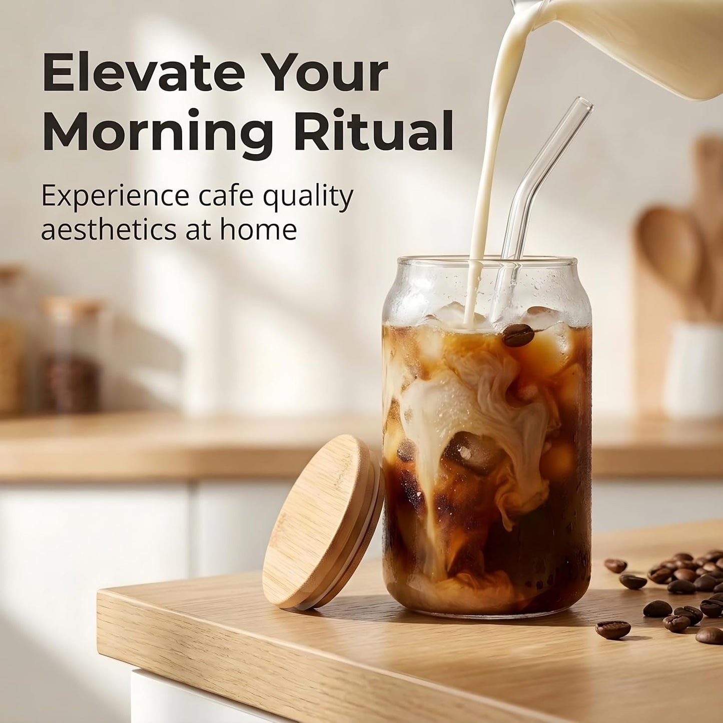 Glass Jar with Straw & Wooden Lid, 540ml Iced Coffee Glass Can, Aesthetic Sipper Cup for Juice, Smoothie, Milk, Leakproof, Heat Resistant Reusable Drinking Glass