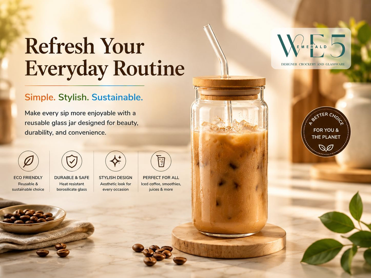 Glass Jar with Straw & Wooden Lid, 540ml Iced Coffee Glass Can, Aesthetic Sipper Cup for Juice, Smoothie, Milk, Leakproof, Heat Resistant Reusable Drinking Glass